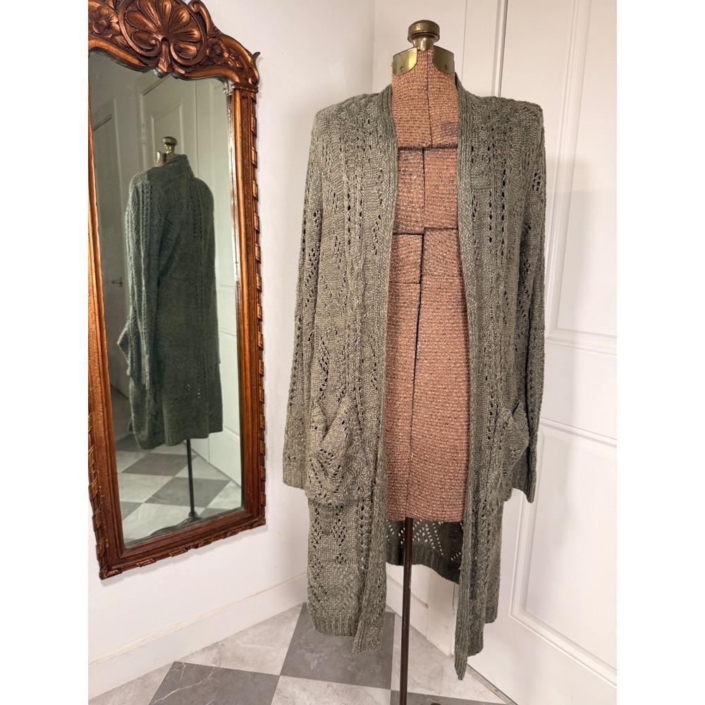 Knox Rose Women Olive Green Pointelle Knit Long Duster Cardigan Sweater Large